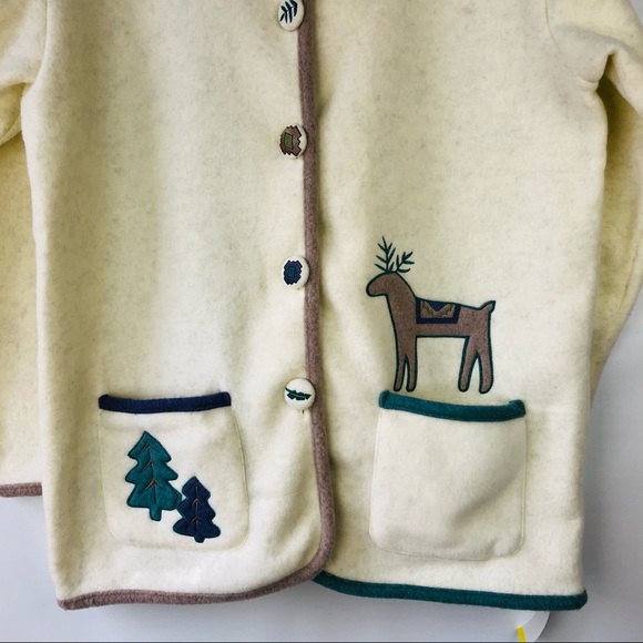 NEW Teddi cream green fleece trees deer button winter holiday jacket large - Picture 4 of 10